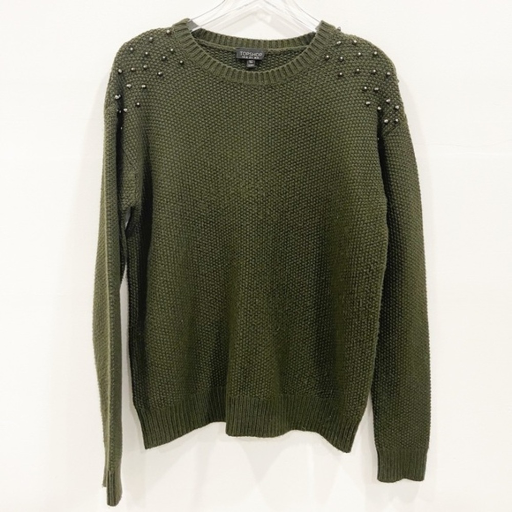 Topshop Dark Green Knit Studded Sweater Crew Neck 6